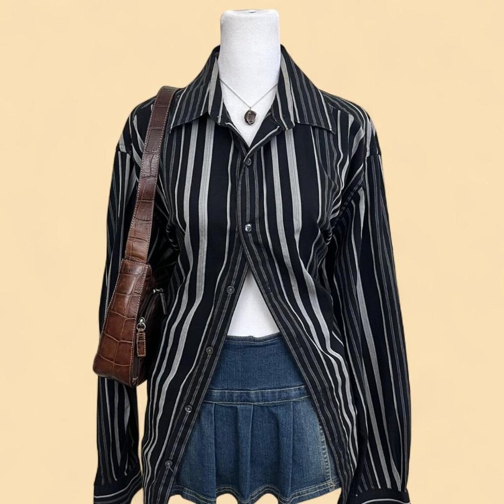 Black and Gray Vertical Stripe Men's Dress Shirt